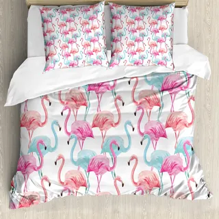 ABAKUHAUS Aquarell Bettbezug, Hawaii Flamingos, Milbensicher Allergiker geeignet mit Kissenbezügen, 155 cm x 220 cm - 80 x 80 cm, Baby Blue Lachsrosa - Blau