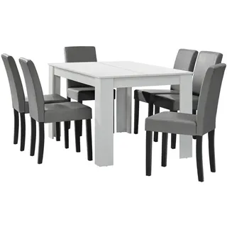 [en.casa] Esstisch weiß matt mit 6 Stühlen hellgrau Kunstleder gepolstert 140x90 Essgruppe Esszimmer, - Weiß