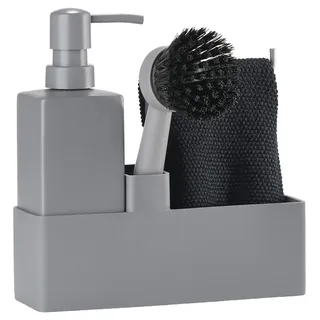 ZONE Denmark Geschirrspülset, Spülorganizer mit Seifenspender/Spülmittelspender, Spültuch und Spülbürste, 19 x 6 x 20,5 cm, Set mit 4 Teilen, Grau
