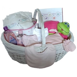 Babykorb neu geboren rosa Schattierungen mit Frosch, Decke, Rassel, Decke Befestigung, Kleidung, WC, Windeln und Album Fotos