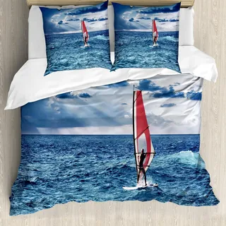 ABAKUHAUS Reite die Welle Bettbezug Set, Windsurfer im Meer Exotische Abenteuer Happy Summer Beach Challenge Bild, 155 x 220 cm + 80 x 80 cm, Nachtblau - Blau