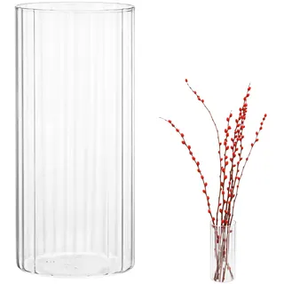 QWORK® 20cm x 9cm Glas Vasen Deko für Tischdeko – Moderne Blumenvase Vase Tulpen mit vertikalen Streifen
