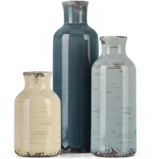 Mehrfarbiges Keramikvasen-Set im 3er-Pack, Küstestil, rustikal, Landhausstil, für Regal, Esstisch, Kaminsims, Wohnzimmer, Couchtisch, Tischplatte, Küchenschrank und Eingangsbereich