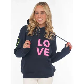 Zwillingsherz Kapuzensweatshirt, mit gesticktem Neon Herz am Ärmel und "Love" Schriftzug auf Kordel, blau