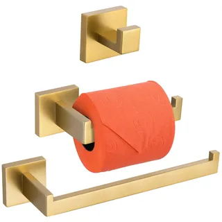 Turs 3 Stück Badezimmer Zubehör Set SUS 304 Edelstahl Toilettenpapierhalter Handtuchstange Robe Haken Wandhalterung Gebürstet Gold Q7010GD