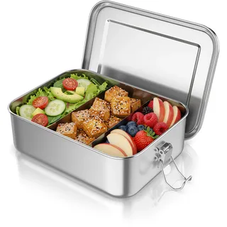 Arendo - Lunchbox Edelstahl – Brotdose 1200 ml – mit Fächern – zwei entnehmbare Trennwände - auslaufsicher dank Silikondichtung - Metall lebensmittelecht - Kinder und Erwachsene