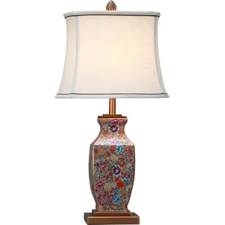 Fine Asianliving Chinesische Tischlampe Porzellan mit Lampenschirm E27 Orientalische Tischleuchte Keramik Nachttischlampen Schlafzimmer Wohnzimmer
