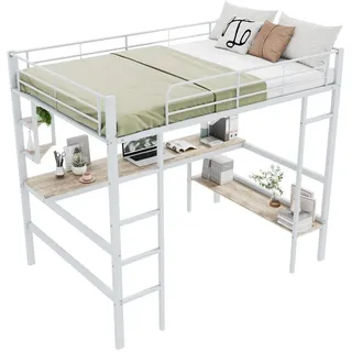 Okwish Hochbett 140/200 cm Metallbett mit Schreibtisch und Regalen in Weiß mit Matratze , 140x200 cm , Babymöbel & Kindermöbel, Kinderzimmer & Jugendzimmer, Kinderbetten, Hochbetten