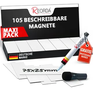 Reorda® Magnetstreifen beschreibbar - 105 Stück - 75x25mm (+ Stift) | Wiederbeschreibbar, beschreibbare Magnete für Whiteboard, Kanban, Magnettafel - beschriftbare Magnete für den Kühlschrank