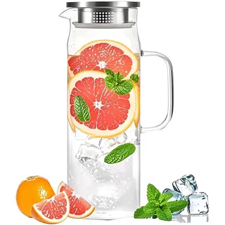 HwaGui Glaskaraffe 1500ml Borosilikatglas Karaffe mit Edelstahl Deckel Glaskrug für Wein Saft Milch Kaffee