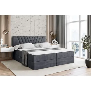ALTDECOR Boxspringbett mit H3 Matratze und Topper - 140 x 200 cm - ERNINA - Dunkelgrau Samt - Polsterbett mit Bettkasten und Lattenrost, Bett mit Stauraum - Dunkelgrau