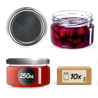 KADAX 10er Set Marmeladengläser 250ml TO82 Silber, Einmachgläser Vorratsgläser Mason Jar mit Schraubdeckel, Luftdichte Schraubgläser, Honig & Konfitüre