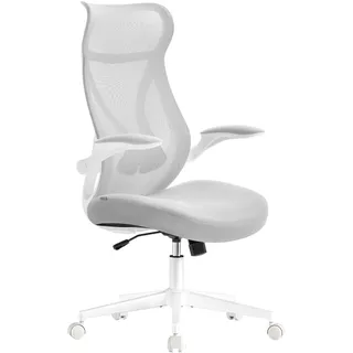 SONGMICS Bürostuhl, Schreibtischstuhl, ergonomische Rückenlehne, höhenverstellbar, hochklappbare Armlehnen, Drehstuhl mit Kopfstütze, bis 150 kg belastbar, Taubengrau OBN088GD01