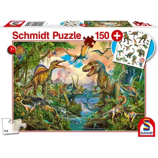 Schmidt Spiele Schmidt Puzzle 56332 Wilde Dinos, inklusive Tattoos Dinosaurier,Kinderpuzzle,150 Teile, bunt