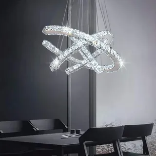 Finktonglan Moderne Kristallkronleuchter 3C Klingeln Leder Pendelleuchte Einstellbare Edelstahl Deckenleuchte für Wohnzimmer Esszimmer Schlafzimmer Cool White