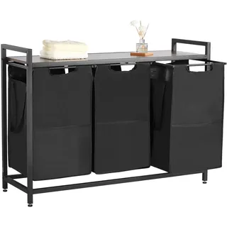 Vevor Wäschekorb Wäschesammler mit Holztischplatte, Wäschesortierer mit 3 ausziehbaren Beuteln (600D Oxford Stoff) & Metallrahmen, Wäsche-Sortiersystem für schmutzige Kleidung Badezimmer Schwarz