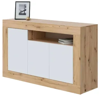 Habitdesign, modernes Sideboard mit 3 Türen – Buffet & Beistellschrank für Wohnzimmer oder Esszimmer in Artik weiß & Eiche Nodi, viel Stauraum, Maße: 144 x 87 x 42 cm (B x H x T), Modell Baltik