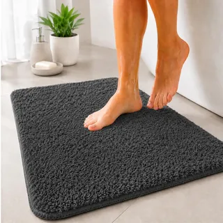 Floordirekt Badematte Sky - Badezimmerteppich - Weicher, dichter Hochflor - Rutschhemmend & Schnell trocknend - Geeignet für Fußbodenheizung - Eckig & Rund (80 x 150 cm, Dunkelgrau)