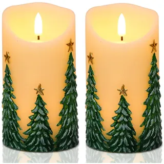 Eldnacele Weihnachtsbaum LED Kerzen mit 6H Timer, Flammenlose Kerzen mit Flackernder Flamme, Echtwachs Optik, 2er Set LED Weihnachtskerzen für Herbst- & Weihnachtsdeko (7,6 x 14,5 cm)