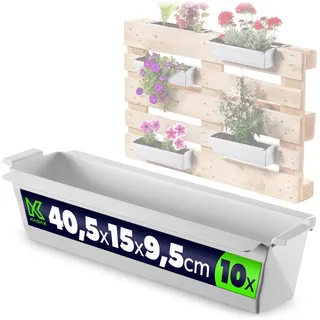 KADAX Pflanzkasten 10er Set für Paletten mit Hängesystem, 37x9 cm Weiß, zum Bepflanzen & Dekorieren als Balkonkasten, Blumenkasten für Europalette, Blumentopf-Einsatz & Übertopf in Palettengärten