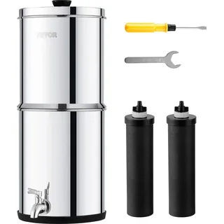 Vevor Schwerkraft Wasserfiltersystem Edelstahl Arbeitsplattensystem 7 L + 8,5 L Wasserfiltrationssystem, reduziert Blei und bis zu 99 % Chlor, mit 2 Kohlefiltern Zapfhahn, Camping Wohnmobil Zuhause