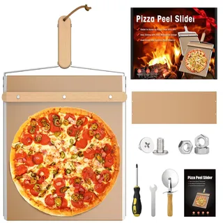 Rutschender Pizzaschieber aus Edelstahl und Holz, Antihaftbeschichteter Pizza Slider mit Massivholzgriff, 14,37" x 11,22" Pizzaschaufel, Pizzaschieber Set mit Zusätzlichen Schrauben und Ersatz-Teflon-
