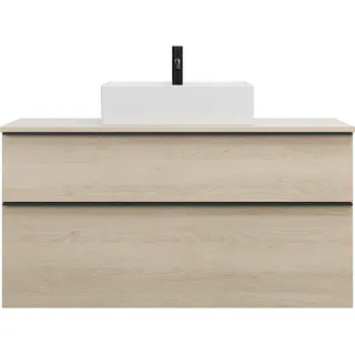 burgbad Eqio Keramik-Aufsatzwaschtisch quadratisch, mittig, inklusive Waschtischunterschrank, Breite 1200mm, SGUP120F3180C0001G0252, Farbe: Eiche Dekor Cashmere / Eiche Dekor Cashmere, Griffleiste