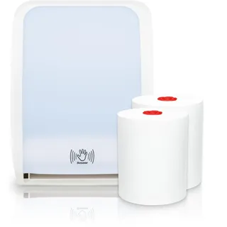 Blanc HYGIENIC Cosmos Sensor-Set Weiß + 2 Premium-TAD-Rollen à 100 m | Günstig & ergiebig für hochfrequentierte Bereiche; berührungslose Einzelblattausgabe, 3 Blattlängen, Sensor-/Auto-Feed-Modus