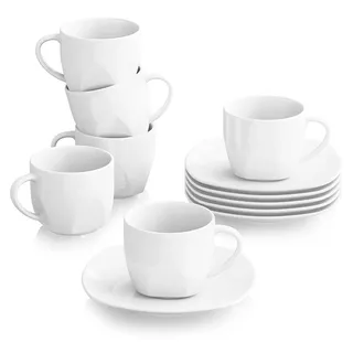 MALACASA Elisa Kaffeetassen Set 6er mit Untertassen Weiß Porzellan