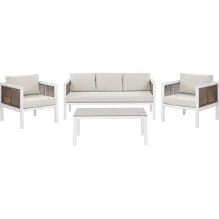 BELIANI Lounge Set Weiß und Braun Aluminium Flechtseil mit Kissen Beige Couchtisch Sicherheitsglas 5-Sitzer Terrasse Outdoor Modern - Weiß, Braun, Beige