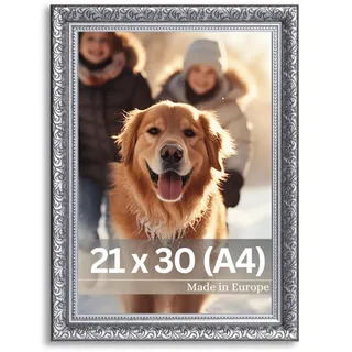 VictoR vintage Bilderrahmen „Rubens“ in 21x30 cm (A4) schwarz silber - Leiste: 30x20mm - Echtglas - Fotorahmen barock - antik - Bilderrahmen 20x30 vintage - Fotorahmen A4 schwarz