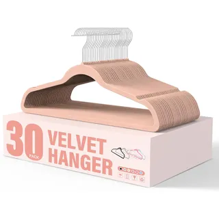 YSSOA Samt-Kleiderbügel, rutschfest, mit Schulterkerben, 360° drehbarer Haken, robuste Standard-Kleiderbügel für Schrank, platzsparend, Rosa, 30 Stück