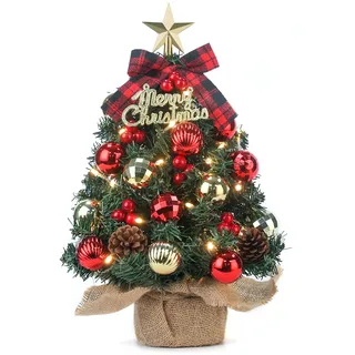 Mini Weihnachtsbaum Kleiner Weihnachtsbaum mit Beleuchtung LED Tisch Weihnachtsbaum klein künstlich geschmückt für Weihnachten Deko 40cm (Rot)