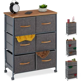 Relaxdays Schubladenschrank mit Rollen, | Anthrazit , Metall, Textil, Holzwerkstoff , 58x74.5x30 cm , Kleinmöbel, Kommoden, Kommoden