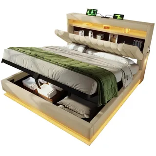 Modfu Polsterbett aus Leinen 140x190 cm in Beige mit Led, Stauraum & USB-C-Ladefunktion , Textil , 140x190 cm , Schlafzimmer, Betten, Polsterbetten