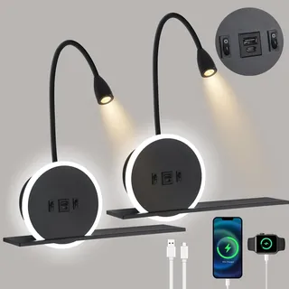 SANSHI Leselampe 2 Stück,Wandlampe mit Schalter,Schwenkbar Bettlampe mit USB + TYPE C Ladeanschluss Wandleuchte,3W 3000K+9W 6000K Beleuchtung wand Leselicht,Schlafzimmer Hotels Nachttischlampe Schwarz