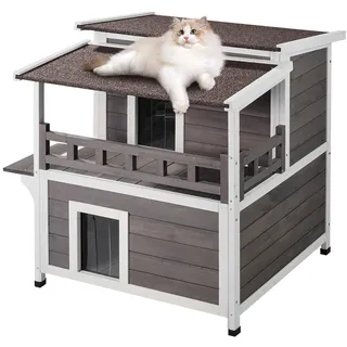VEVOR Katzenhaus für draußen, wetterfest, Unterschlupf für Wildkatzen für mehrere Katzen, großes 2-stöckiges Katzenhaus aus Holz für draußen mit Balkon, Türen, PVC-Türklappen und offenem Dach, 76,2 cm L x 76,2 cm B x 81,3 cm H