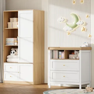 MODFU Kinder-Aufbewahrungsset mit Schiebetür-Kleiderschrank und Wickeltisch Kleiderschrank mit Schiebetüren und 2 Schubladen Wickeltisch mit Stauraum Kindermöbel Weiß - Weiß