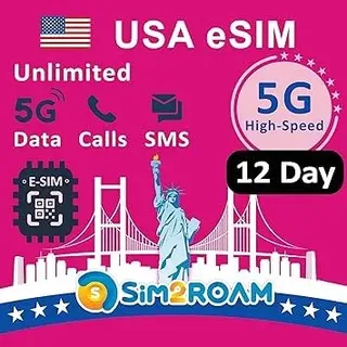 USA Prepaid eSIM-Karte|Unbegrenzte 5G/4G-Daten in den USA (einschließlich Hawaii)+Low-Speed-Daten in Kanada und MX|Unbegrenzte Anrufe und SMS zwischen den USA, CA und MX|Wiederaufladbar (12 Tage)