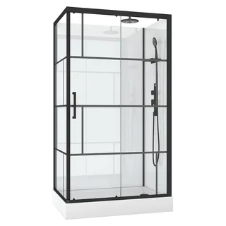 Dusche Komplett MARWELL Design Komplettdusche Fertigdusche Bricks 110 x 80 x 225 cm – Komplett Set inkl. Duschwanne und Armatur - Eckdusche mit Fronteinstieg – Duschkabine mit hochwertigen Aluminiumprofilen - Schwarz