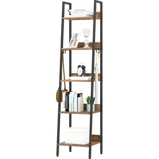 WOLTU Regal mit 5 Ebenen, Standregal mit 4 Haken, 40x 170x36 cm, Schwarz | schmales Leiterregal, im Industriestil, aus MDF Metall, für Wohnzimmer Küche