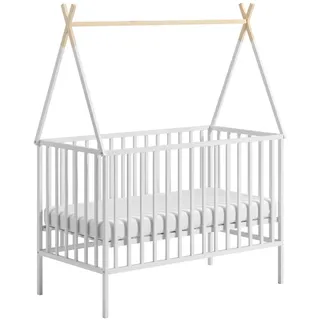 ATB MEBLE Babybett mit Matratze , TIPI KOLLEKTION , Beistellbett Baby aus Holz , Kinderbett , drei Ebenen der Matratzenhöhe Hausbett für baby , Weiß - Weiß