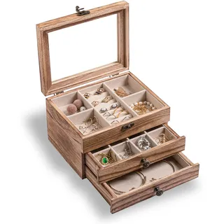 Frebeauty Schmuckkästchen aus Holz, 3 Ebenen, Vintage-Schmuck-Organizer mit transparentem Deckel, rustikaler Holz-Schmuckhalter für Ohrringe, Ringe, Armbänder, Broschen, Schmuckaufbewahrungskoffer für