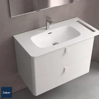 Waschtisch UNIIQ 890 Wasserhahn optional, Handtuchhalter optional, ohne Siphon und Clickerabfluss SOLID SURFACE WEIß MATT 890 x 12 x 460 mm