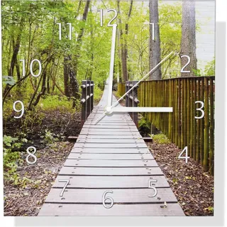 Wallario Design Wanduhr Spaziergang im Wald  Holzweg über einen Fluss aus Aluverbund, Größe 30 x 30 cm - Gelb