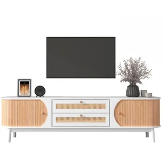 Okwish Tv-Schrank 170/46/39,5 cm weiß MDF mit Rattanoberfläche und Schubladen , Weiß , Holzwerkstoff , 170x39.5x46 cm , Wohnzimmer, TV Möbel, Lowboards, Lowboards stehend