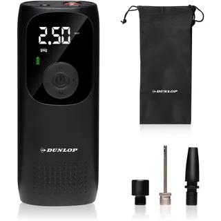 Dunlop Elektrische Luftpumpe Akku Kompressor mit USB-C Anschluss - Fahrradpumpe alle Ventile - Ballpumpe - Kompressor 10 Bar mit Manometer - Kunststoff - Schwarz