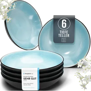 Steingut Suppenteller 6 Pers. Ibiza Hochwertiges Mediterranes TEST SEHR GUT Steingut Tiefe Teller Set - Kratzfest, Für Spülmaschine, Mikrowelle - Pasta Teller Tief Groß - Pure Living in Türkis