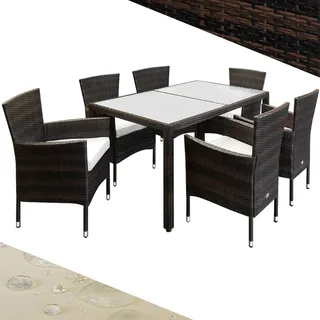 CASARIA® Gartenmöbel Set 6 Personen Stühle inkl. 7cm Polster Tisch 150x90cm Balkonmöbel 160kg Belastbar Wetterfest Polyrattan Stapelbar Terrasse Möbel braun - Braun