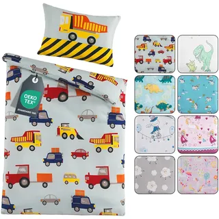 Kinder Baby Bettwäsche Set für Mädchen und Jungen | 100x135 cm + 40x60 cm | 100% Polyester Mikrofaser | Reißverschluss | Baustelle – Bagger und Autos | blau